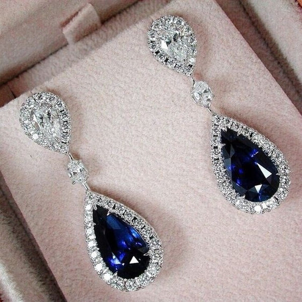 Sapphire-Blue Pear CZ Halo Long Drop Earrings