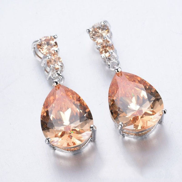 Champagne Pear CZ Three-Stone Drop Earrings