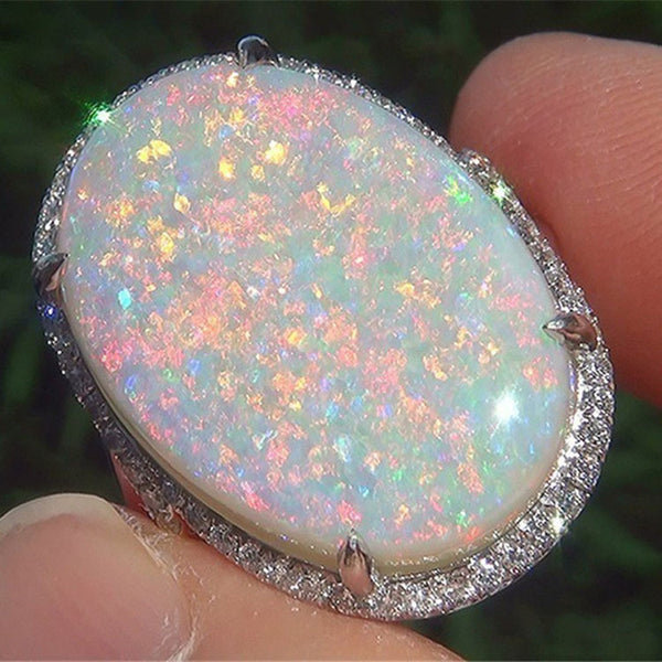 Large Oval Opal-Look Pave Halo Ring