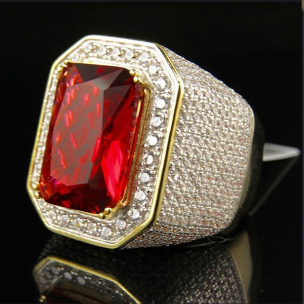 Ruby-Red Emerald-Cut Pave Gold Signet Ring