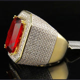 Ruby-Red Emerald-Cut Pave Gold Signet Ring