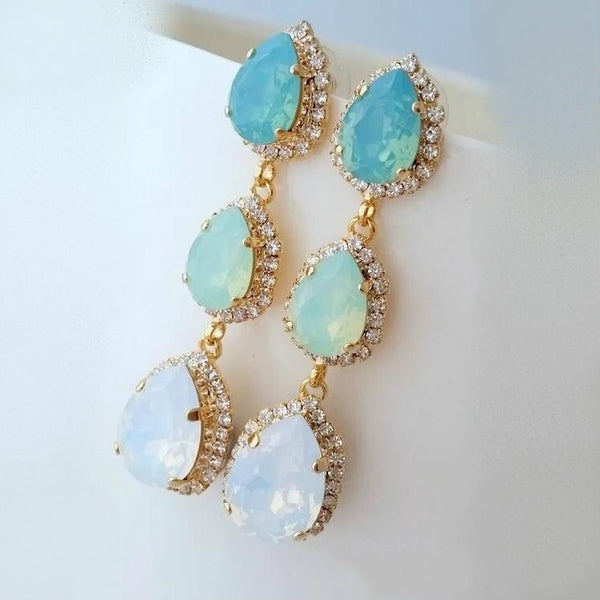 Opal-Look Triple Pear Halo Chandelier Earrings
