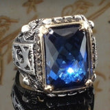 Sapphire-Blue Rectangle Engraved Signet Ring