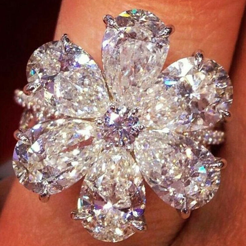 Pear CZ Flower Cluster Cocktail Ring