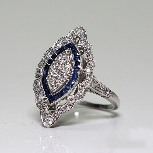 Art Deco Sapphire-Blue Marquise Halo Ring