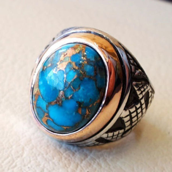Blue Turquoise-Look Oval Engraved Signet Ring