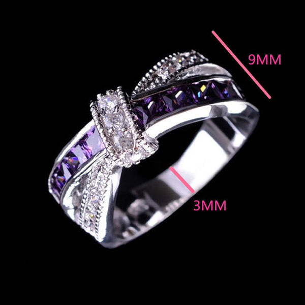 Purple Baguette CZ Crossover Bow Ring