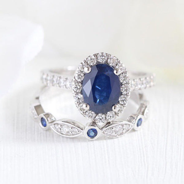 Sapphire-Blue Oval Halo Bridal Ring Set