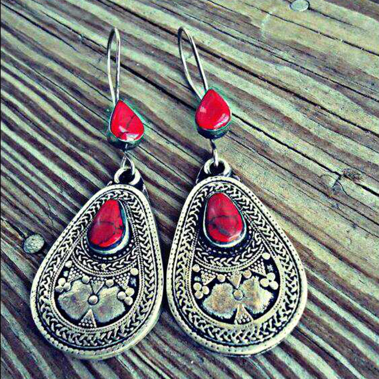 Red Teardrop Engraved Antique Drop Earrings
