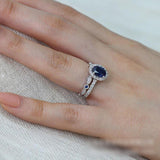 Sapphire-Blue Oval Halo Bridal Ring Set