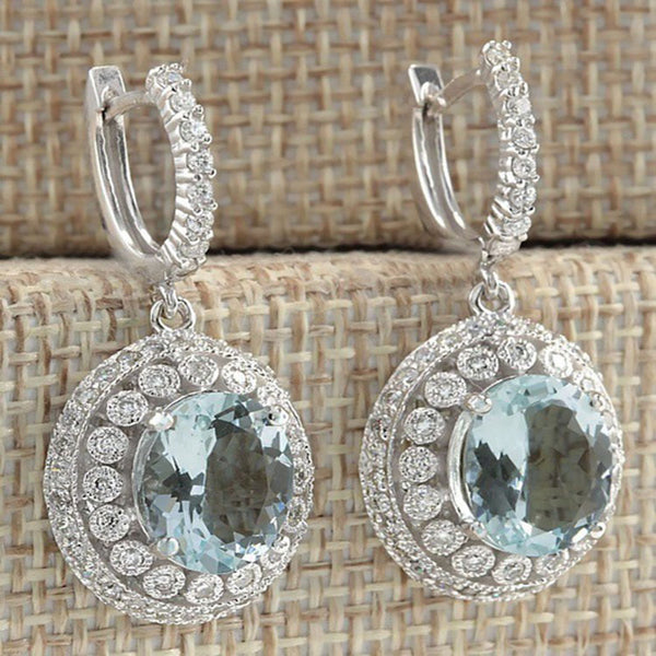Aqua Oval CZ Halo Pavé Drop Earrings