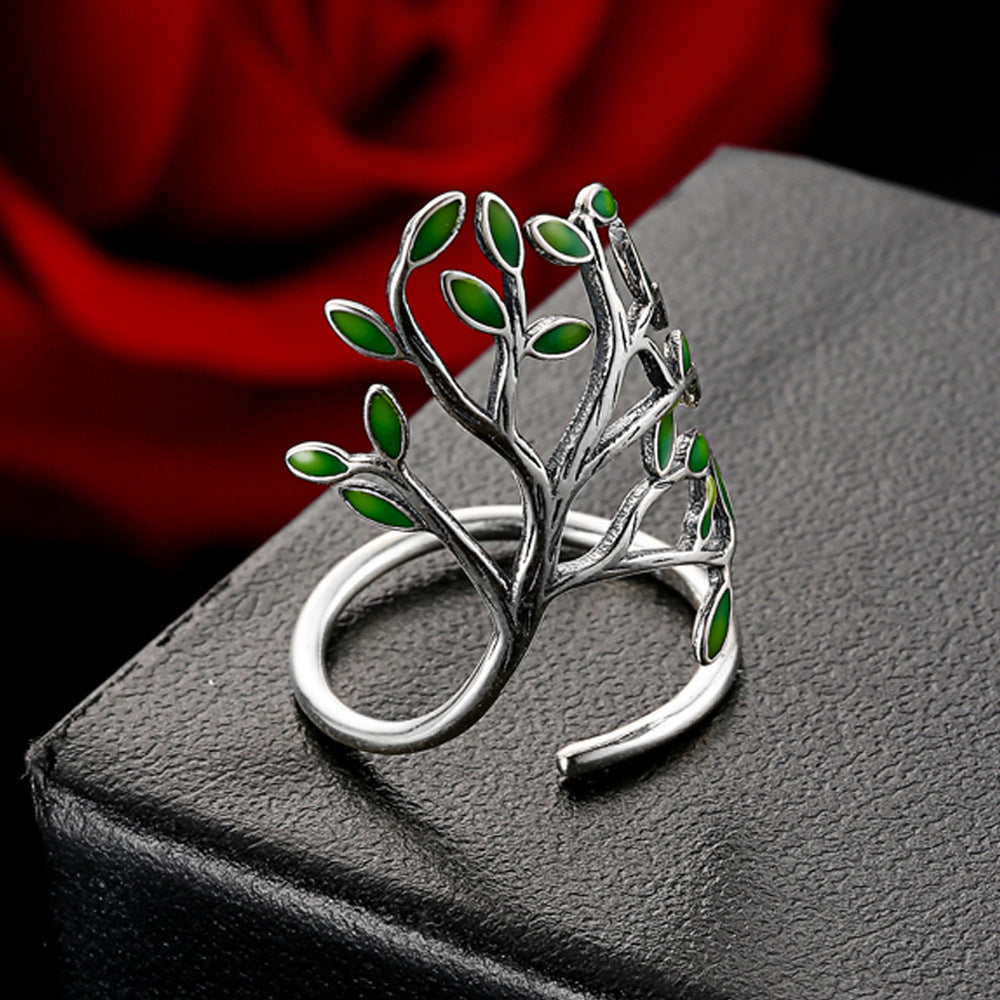 Green Enamel Leaf Branch Wrap Ring