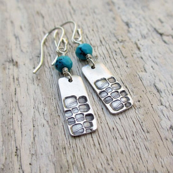 Turquoise-Look Bead Stamped Bar Drop Earrings