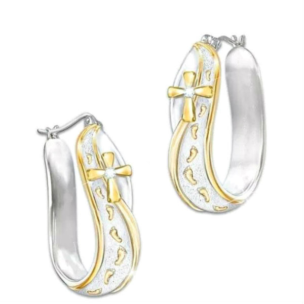 Cross and Footprints Enamel Hoop Earrings