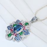 Multicolor CZ Ornate Flower Pendant Necklace