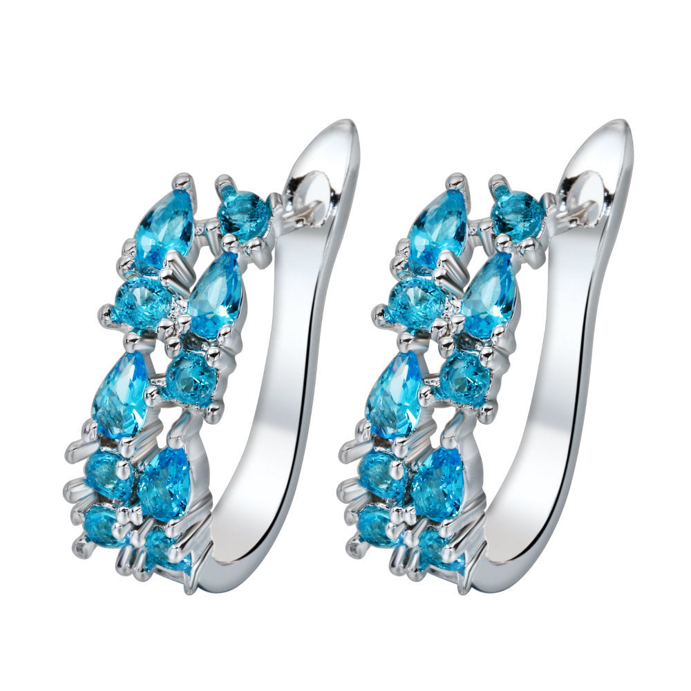 Aqua-Blue CZ Cluster Hoop Earrings