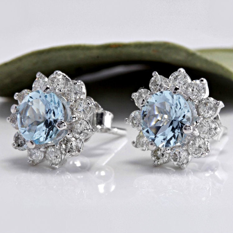 Light Blue CZ Flower Cluster Stud Earrings