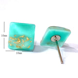 Aqua Resin Gold-Flake Square Stud Earrings