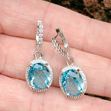 Aqua Oval CZ Halo Lever-Back Drop Earrings