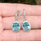 Aqua Oval CZ Halo Lever-Back Drop Earrings