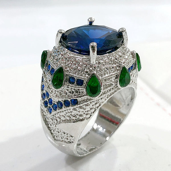 Sapphire-Blue Oval CZ Emerald-Accent Dome Ring