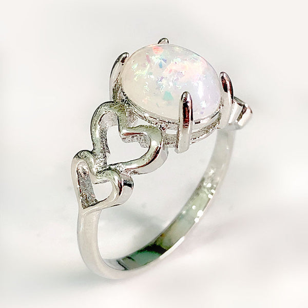 Opal-Look Oval Double Heart Ring