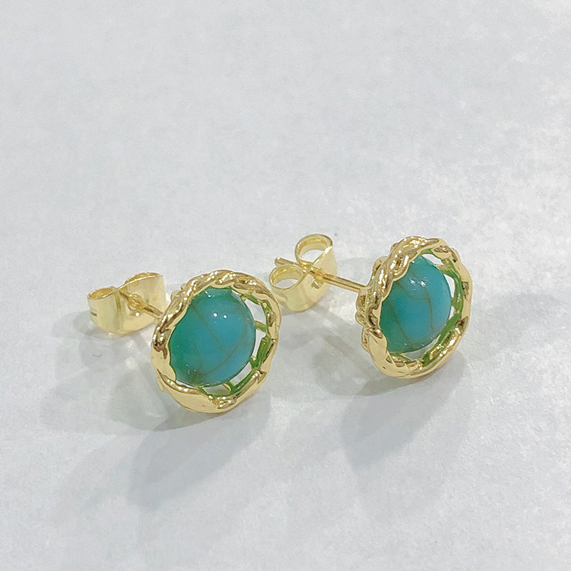 Turquoise-Look Cabochon Gold-Tone Stud Earrings