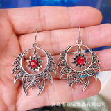 Garnet-Red CZ Sunburst Filigree Hoop Earrings