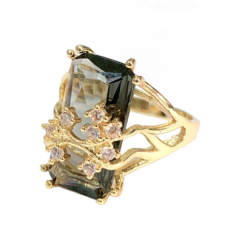 Green Emerald-Cut CZ Floral Gold Ring