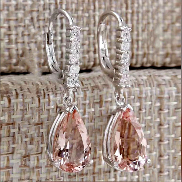 Pink Pear CZ Pave Lever-Back Drop Earrings