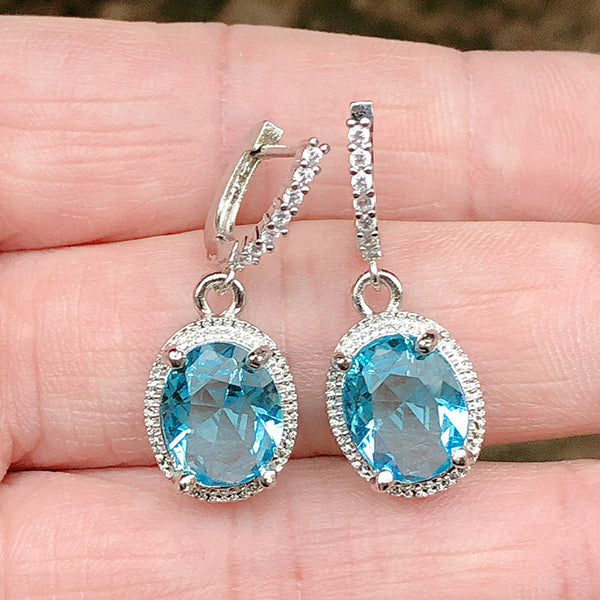 Aqua Oval CZ Halo Lever-Back Drop Earrings