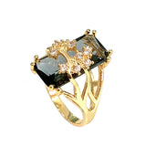 Green Emerald-Cut CZ Floral Gold Ring