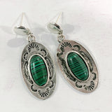 Green Stone Stamped Oval Concho Earrings