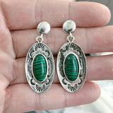 Green Stone Stamped Oval Concho Earrings