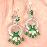 Emerald-Green CZ Leaf Circle Drop Earrings