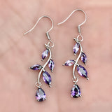 Purple CZ Vine Leaf Drop Earrings