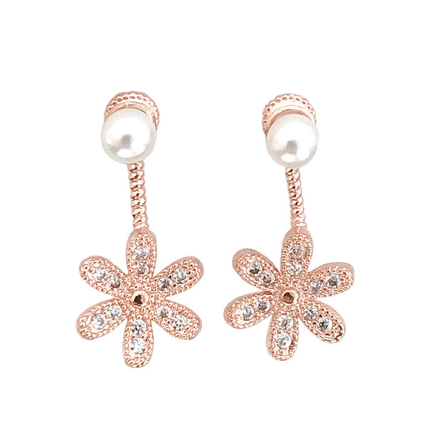 Pearl-Look CZ Daisy Flower Drop Earrings