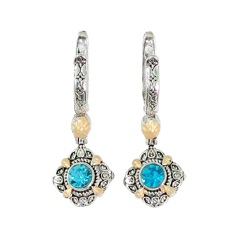 Aqua Round CZ Antique Medallion Drop Earrings