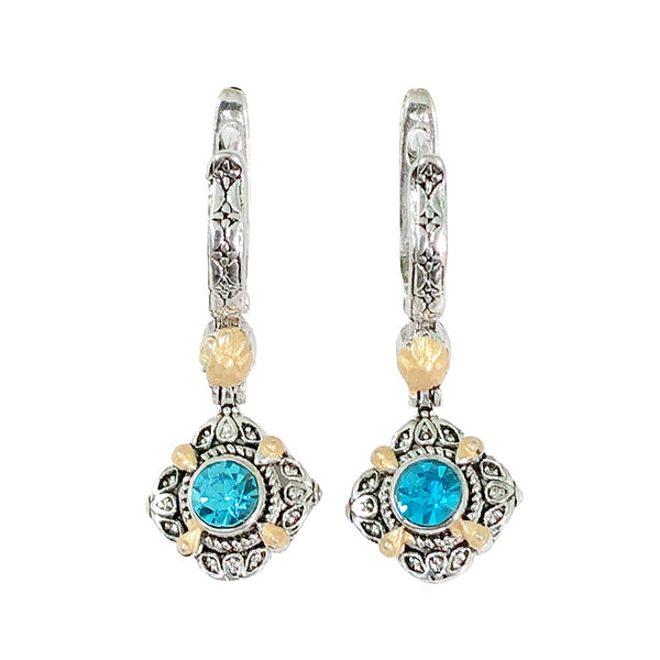 Aqua Round CZ Antique Medallion Drop Earrings