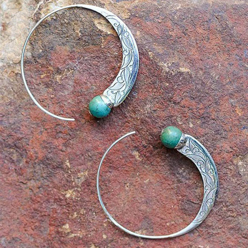Turquoise-Look Bead Engraved Crescent Hoop Earrings