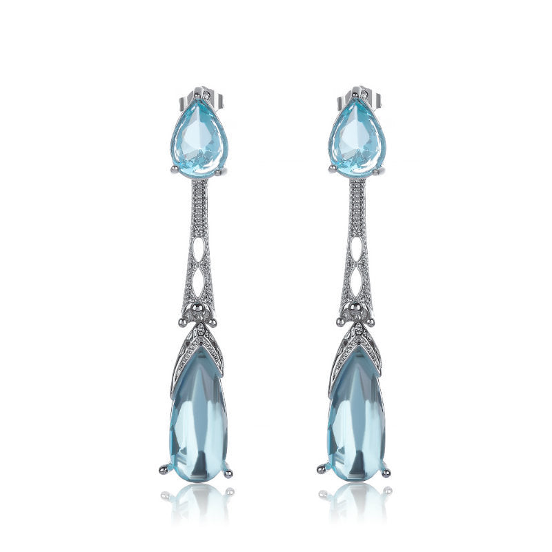 Aqua Pear CZ Long Drop Earrings