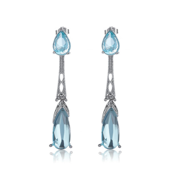 Aqua Pear CZ Long Drop Earrings