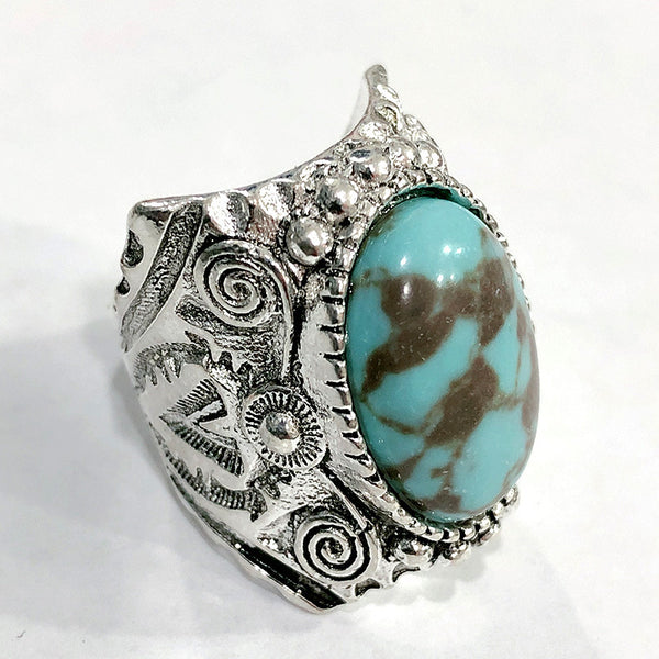Turquoise-Look Oval Engraved Statement Ring