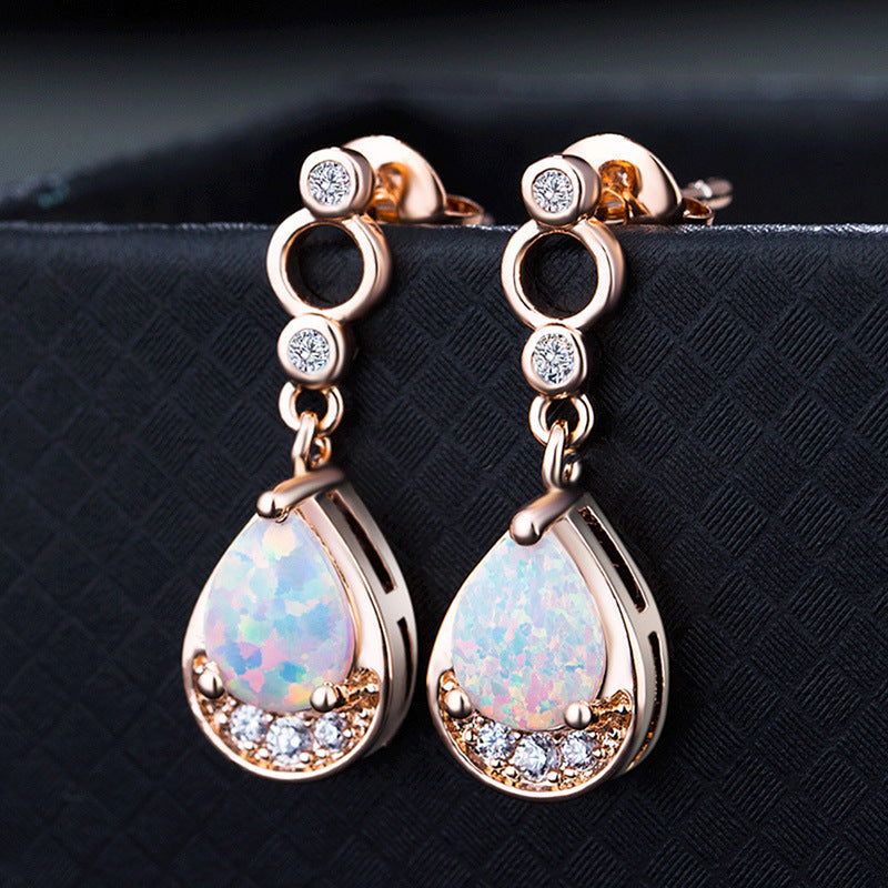 White Opal-Look Teardrop Rose-Tone Earrings