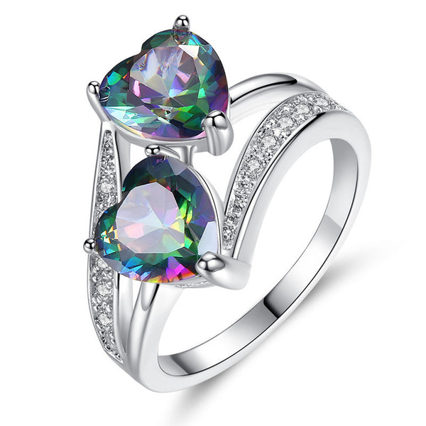 Rainbow Double Heart CZ Bypass Ring