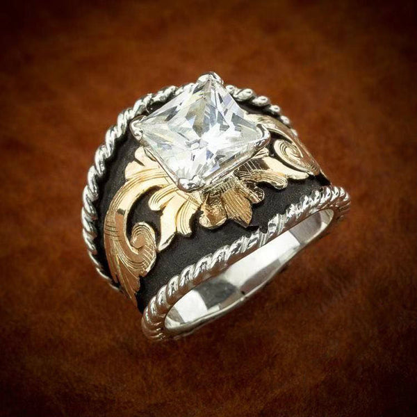 Princess-Cut CZ Gold Scroll Western Ring