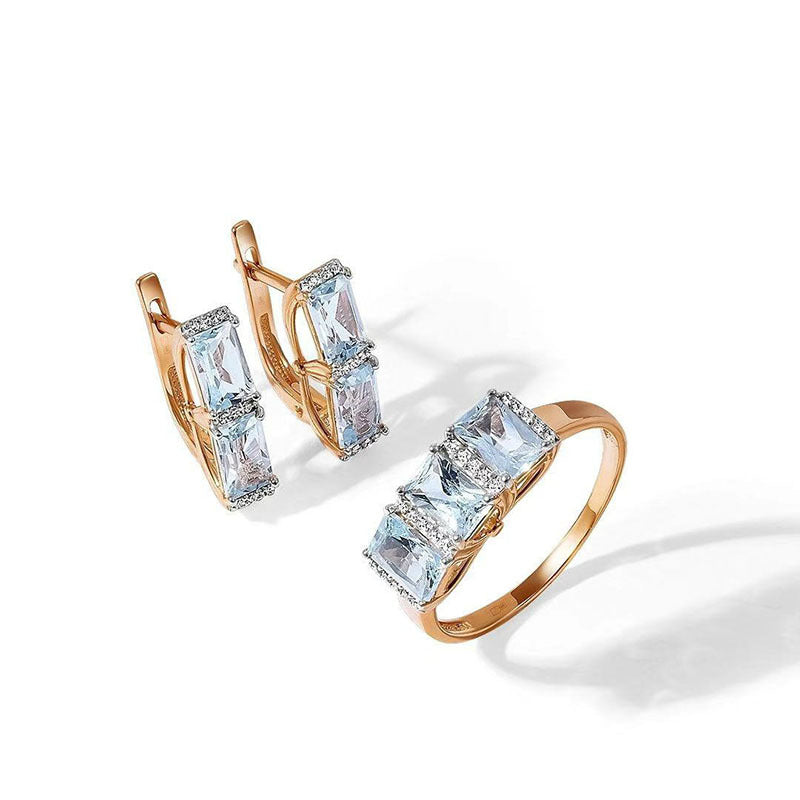 Aqua Baguette CZ Earrings Ring Jewelry Set
