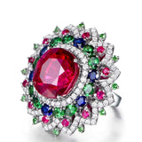 Ruby-Red Oval Multicolor CZ Flower Halo Ring