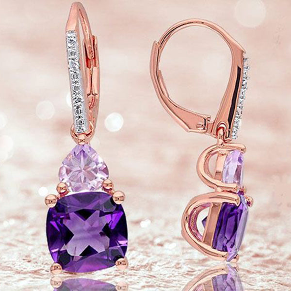 Purple Cushion Heart CZ Rose Gold Drop Earrings