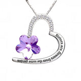 Purple CZ Flower Engraved Heart Pendant Necklace